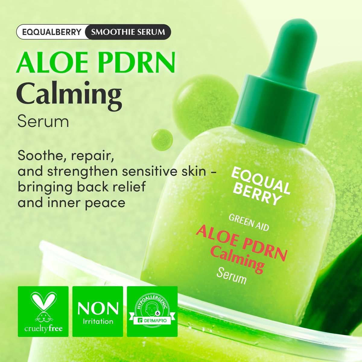 EQQUALBERRY Aloe PDRN Calming Smoothie Serum – Soothing Korean Skin Care for Sensitive Skin, Cica & Aloe for Repair, Hydrating & Radiant Glow, Non-Comedogenic (1.01oz / 30ml) Avelisse