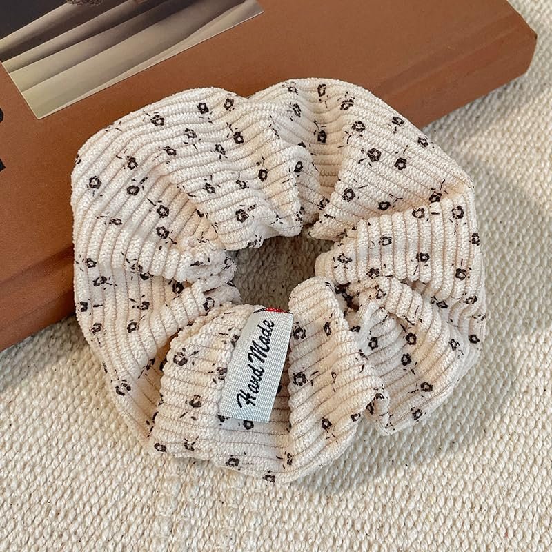 TUCEWP Floral Corduroy Scrunchies for Women & Girls – 4 Pack Soft Hair Ties for Thick Hair, Black/Blue/Beige/Brown - görsel 7