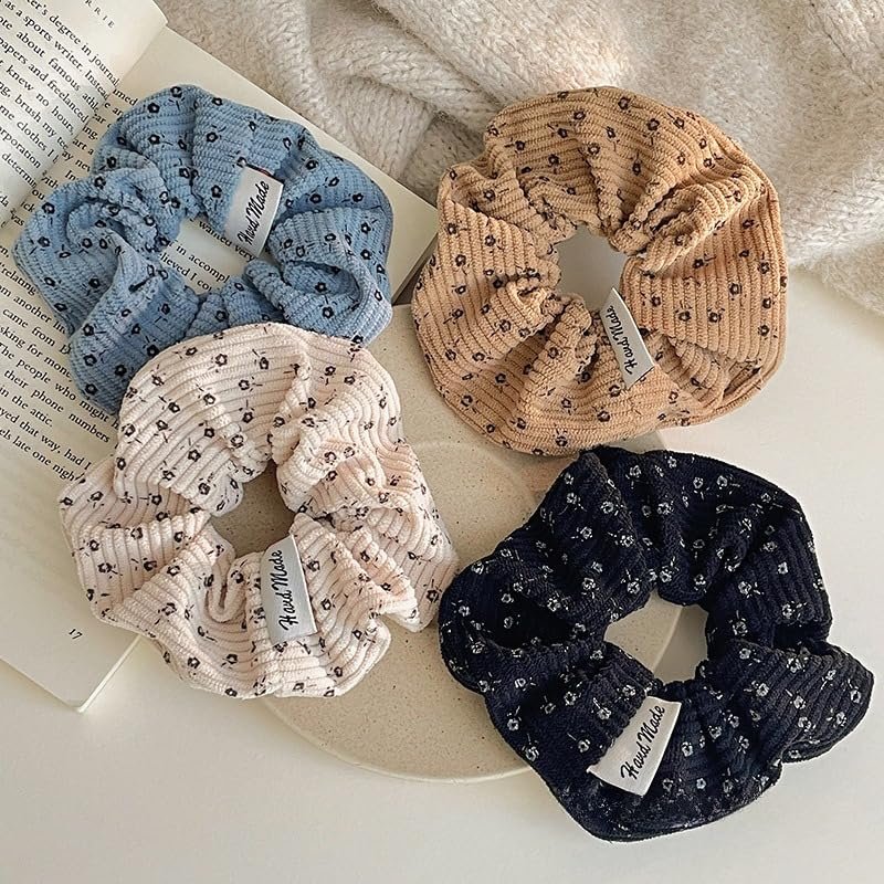 TUCEWP Floral Corduroy Scrunchies for Women & Girls – 4 Pack Soft Hair Ties for Thick Hair, Black/Blue/Beige/Brown - görsel 1