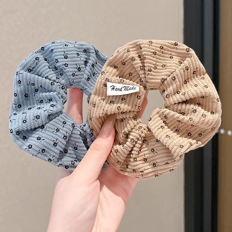 TUCEWP Floral Corduroy Scrunchies for Women & Girls – 4 Pack Soft Hair Ties for Thick Hair, Black/Blue/Beige/Brown - görsel 5