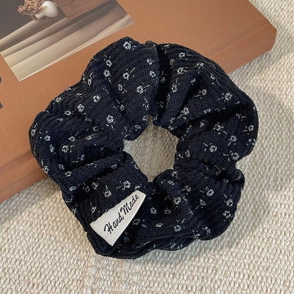 TUCEWP Floral Corduroy Scrunchies for Women & Girls – 4 Pack Soft Hair Ties for Thick Hair, Black/Blue/Beige/Brown