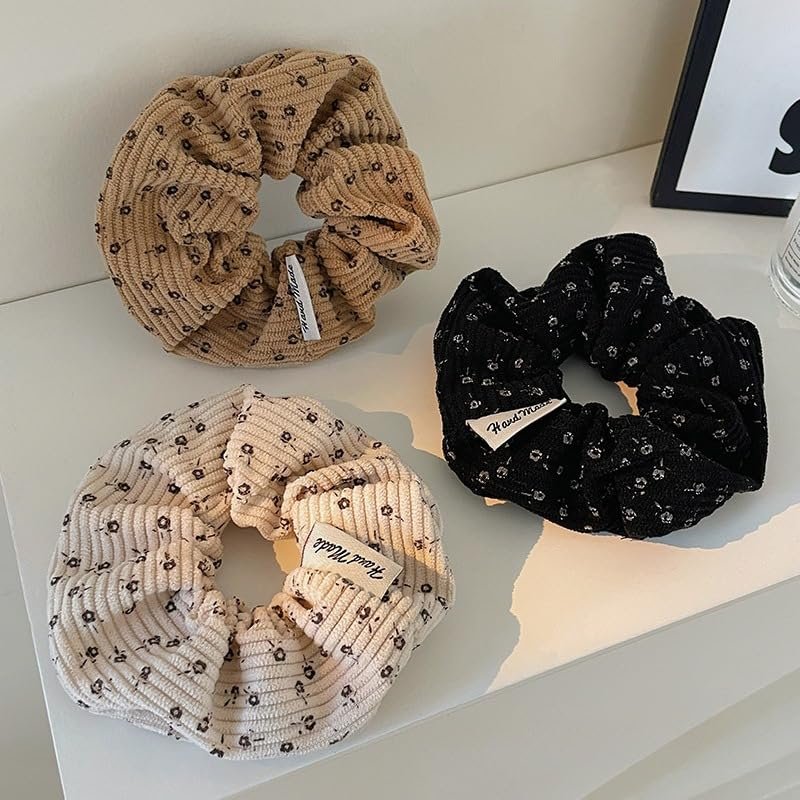TUCEWP Floral Corduroy Scrunchies for Women & Girls – 4 Pack Soft Hair Ties for Thick Hair, Black/Blue/Beige/Brown - görsel 2