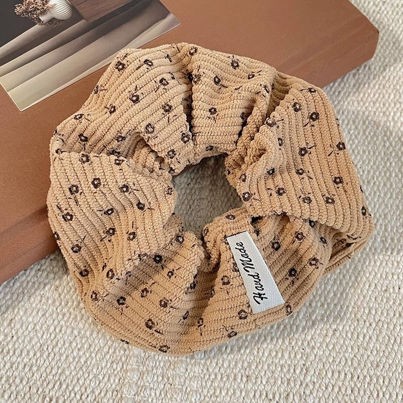 TUCEWP Floral Corduroy Scrunchies for Women & Girls – 4 Pack Soft Hair Ties for Thick Hair, Black/Blue/Beige/Brown - görsel 9