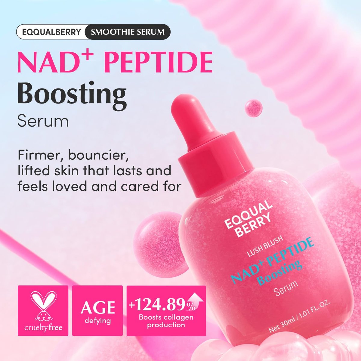 EQQUALBERRY NAD+ Peptide Boosting Serum – Niacinamide 2% + 14 Peptides + Vegan Collagen Anti-Aging Korean Skincare Face & Neck & Body Serum | Firming & Lifting Pink Serum (1.01oz / 30ml) Avelisse