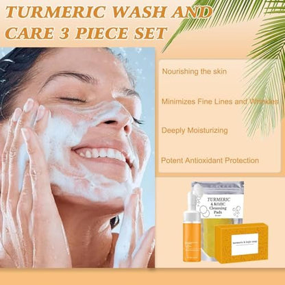 Turmeric Wash and Care Three Piece Set - Natural Skincare for Face & Body with Facial Wash, Cleansing Mousse, Exfoliating Pads & Soap Avelisse