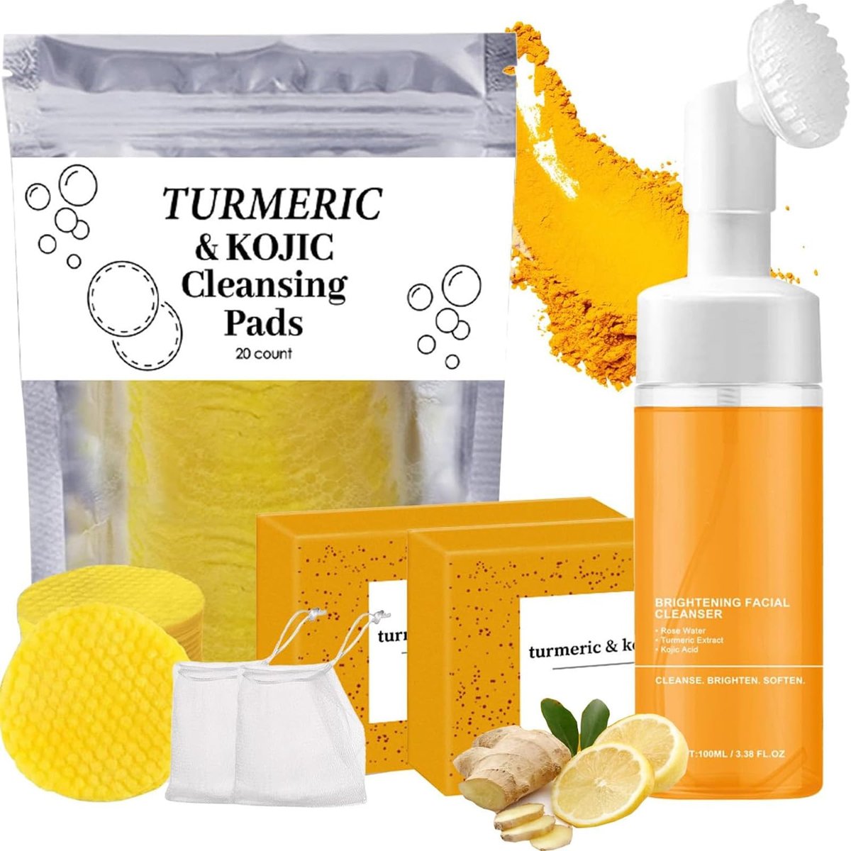 Turmeric Wash and Care Three Piece Set - Natural Skincare for Face & Body with Facial Wash, Cleansing Mousse, Exfoliating Pads & Soap Avelisse