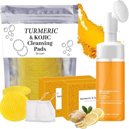 Turmeric Wash and Care Three Piece Set - Natural Skincare for Face & Body with Facial Wash, Cleansing Mousse, Exfoliating Pads & Soap Avelisse
