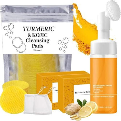 Turmeric Wash and Care Three Piece Set - Natural Skincare for Face & Body with Facial Wash, Cleansing Mousse, Exfoliating Pads & Soap Avelisse