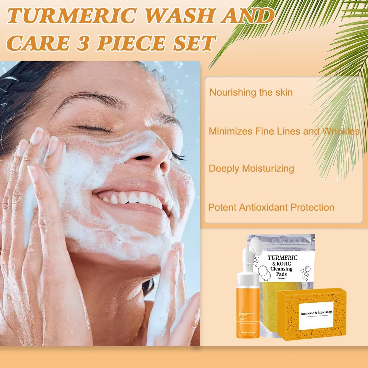 Turmeric Wash and Care Three Piece Set - Natural Skincare for Face & Body with Facial Wash, Cleansing Mousse, Exfoliating Pads & Soap Avelisse