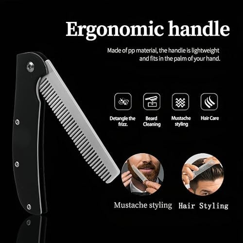 MenGate Folding Pocket Comb for Men - Stainless Steel Travel Hair & Beard Styling Tool, 180° Rotating, Smooth Rounded Teeth, Portable Grooming Comb Avelisse
