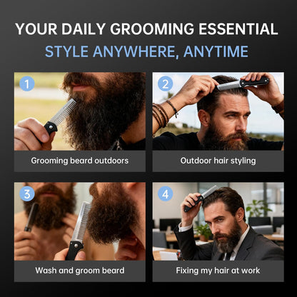 MenGate Folding Pocket Comb for Men - Stainless Steel Travel Hair & Beard Styling Tool, 180° Rotating, Smooth Rounded Teeth, Portable Grooming Comb Avelisse