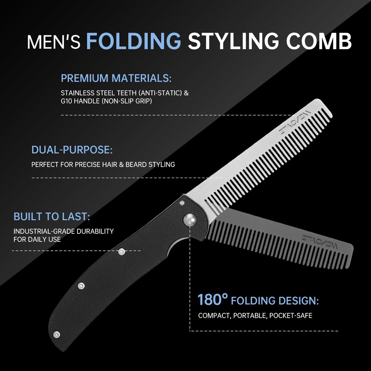 MenGate Folding Pocket Comb for Men - Stainless Steel Travel Hair & Beard Styling Tool, 180° Rotating, Smooth Rounded Teeth, Portable Grooming Comb Avelisse