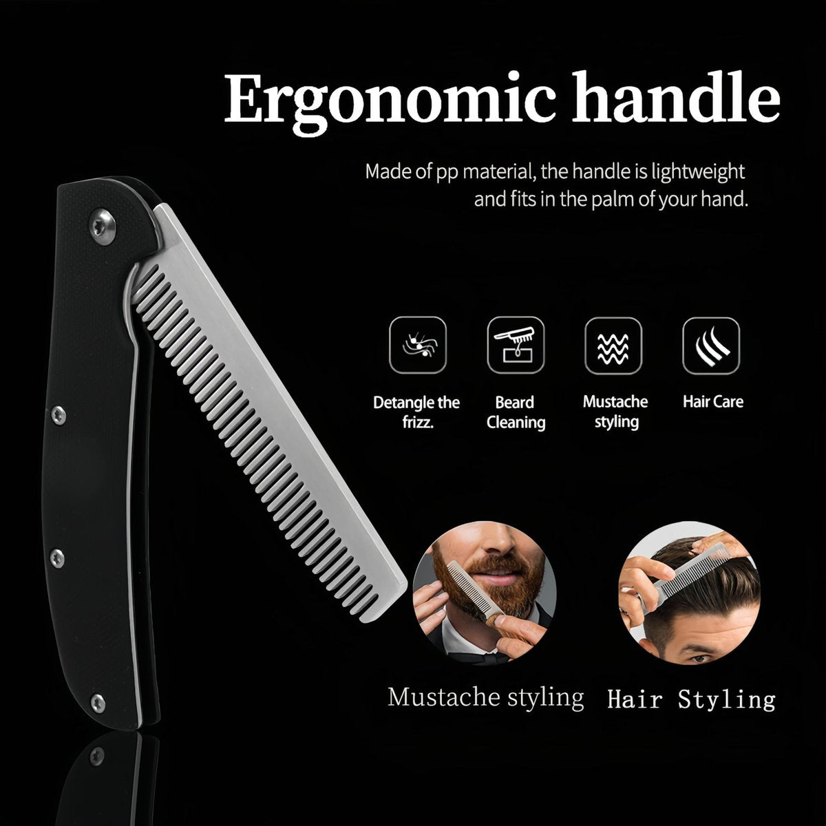 MenGate Folding Pocket Comb for Men - Stainless Steel Travel Hair & Beard Styling Tool, 180° Rotating, Smooth Rounded Teeth, Portable Grooming Comb Avelisse
