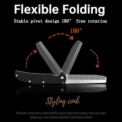 MenGate Folding Pocket Comb for Men - Stainless Steel Travel Hair & Beard Styling Tool, 180° Rotating, Smooth Rounded Teeth, Portable Grooming Comb Avelisse