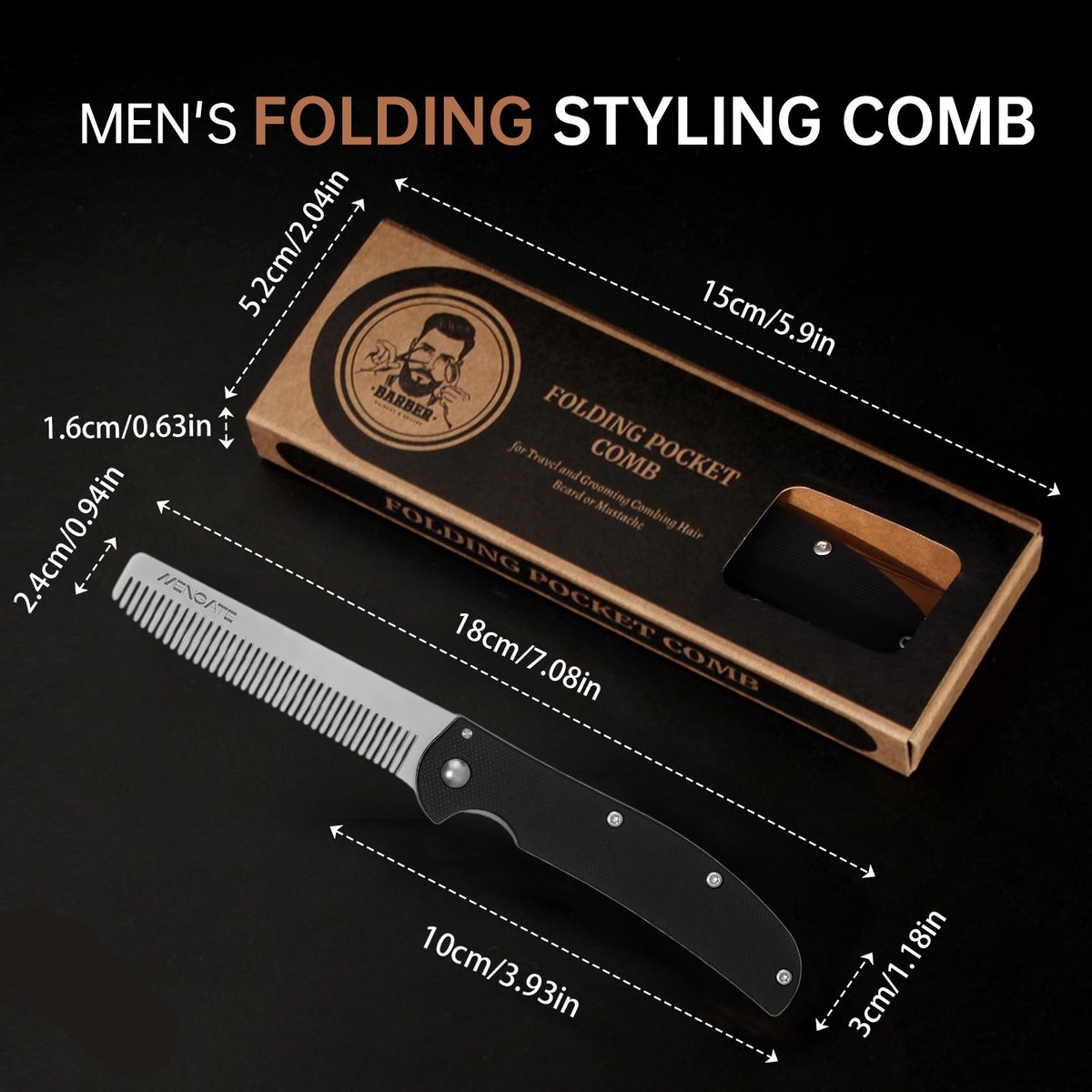 MenGate Folding Pocket Comb for Men - Stainless Steel Travel Hair & Beard Styling Tool, 180° Rotating, Smooth Rounded Teeth, Portable Grooming Comb Avelisse