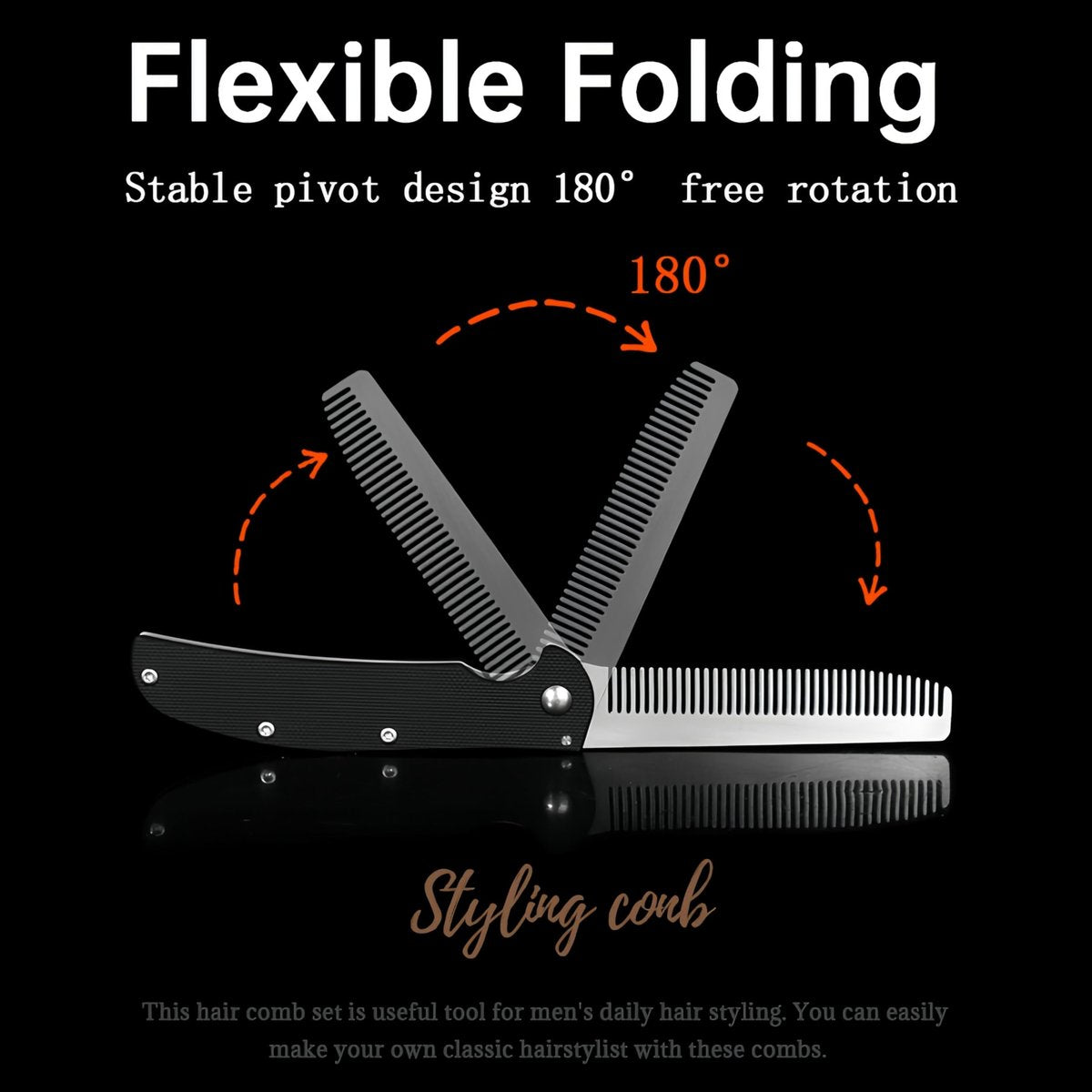 MenGate Folding Pocket Comb for Men - Stainless Steel Travel Hair & Beard Styling Tool, 180° Rotating, Smooth Rounded Teeth, Portable Grooming Comb Avelisse