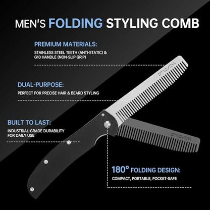 MenGate Folding Pocket Comb for Men - Stainless Steel Travel Hair & Beard Styling Tool, 180° Rotating, Smooth Rounded Teeth, Portable Grooming Comb Avelisse