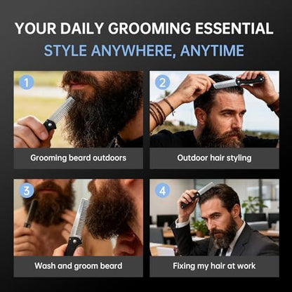 MenGate Folding Pocket Comb for Men - Stainless Steel Travel Hair & Beard Styling Tool, 180° Rotating, Smooth Rounded Teeth, Portable Grooming Comb Avelisse
