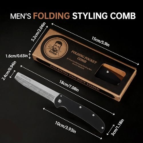 MenGate Folding Pocket Comb for Men - Stainless Steel Travel Hair & Beard Styling Tool, 180° Rotating, Smooth Rounded Teeth, Portable Grooming Comb Avelisse