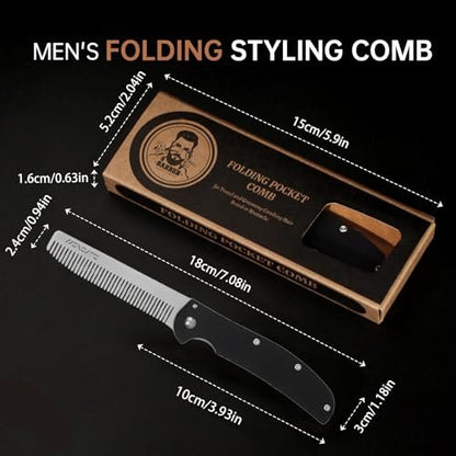 MenGate Folding Pocket Comb for Men - Stainless Steel Travel Hair & Beard Styling Tool, 180° Rotating, Smooth Rounded Teeth, Portable Grooming Comb Avelisse