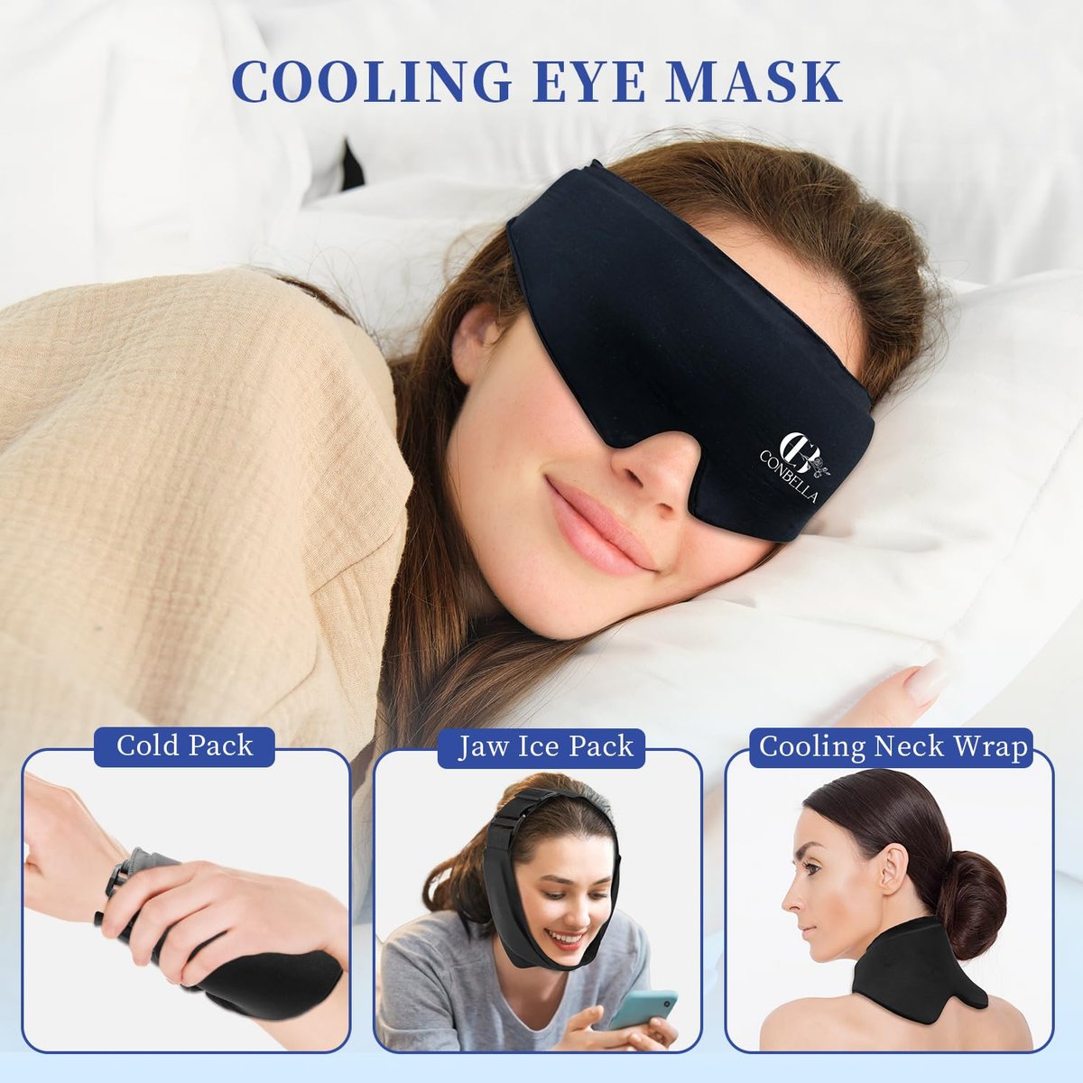 CONBELLA Cooling Eye Mask for Puffy Eyes – Reusable Gel Eye Mask for Migraines, Headaches, Dark Circles, and Sinus Relief – Flexible Cold Compress Sleep Mask for Men & Women (Black) Avelisse