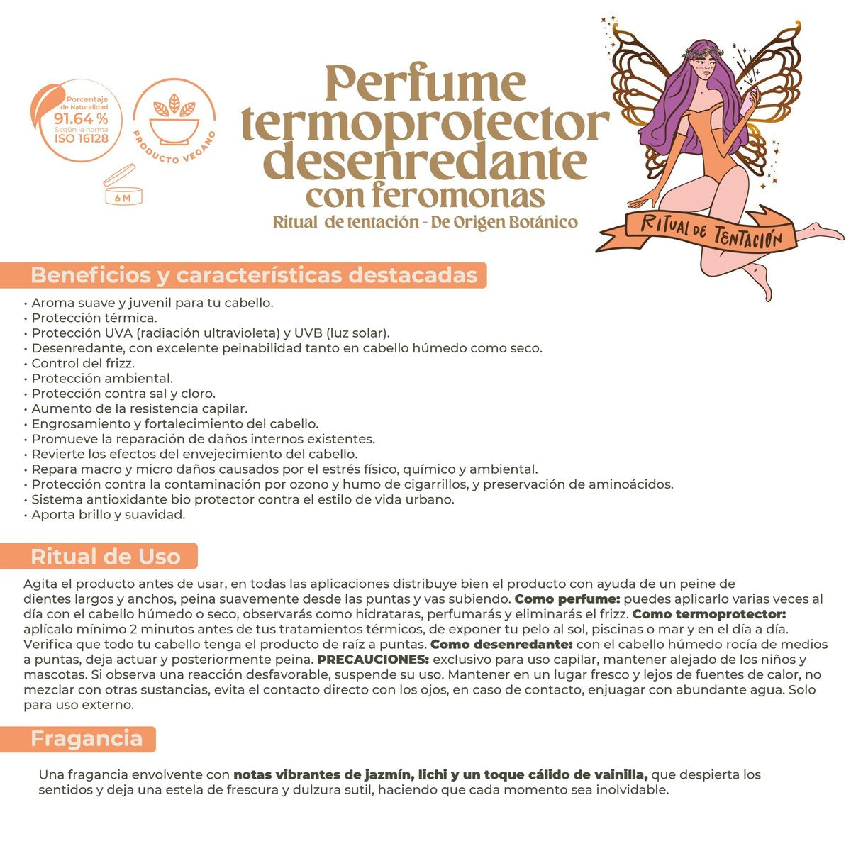 Origen Botánico Heat Protectant Hair Perfume - Alcohol-Free, Anti-Frizz, Detangling with Pheromones, Ritual of Temptation Jasmine & Vanilla Scent 120ml Avelisse