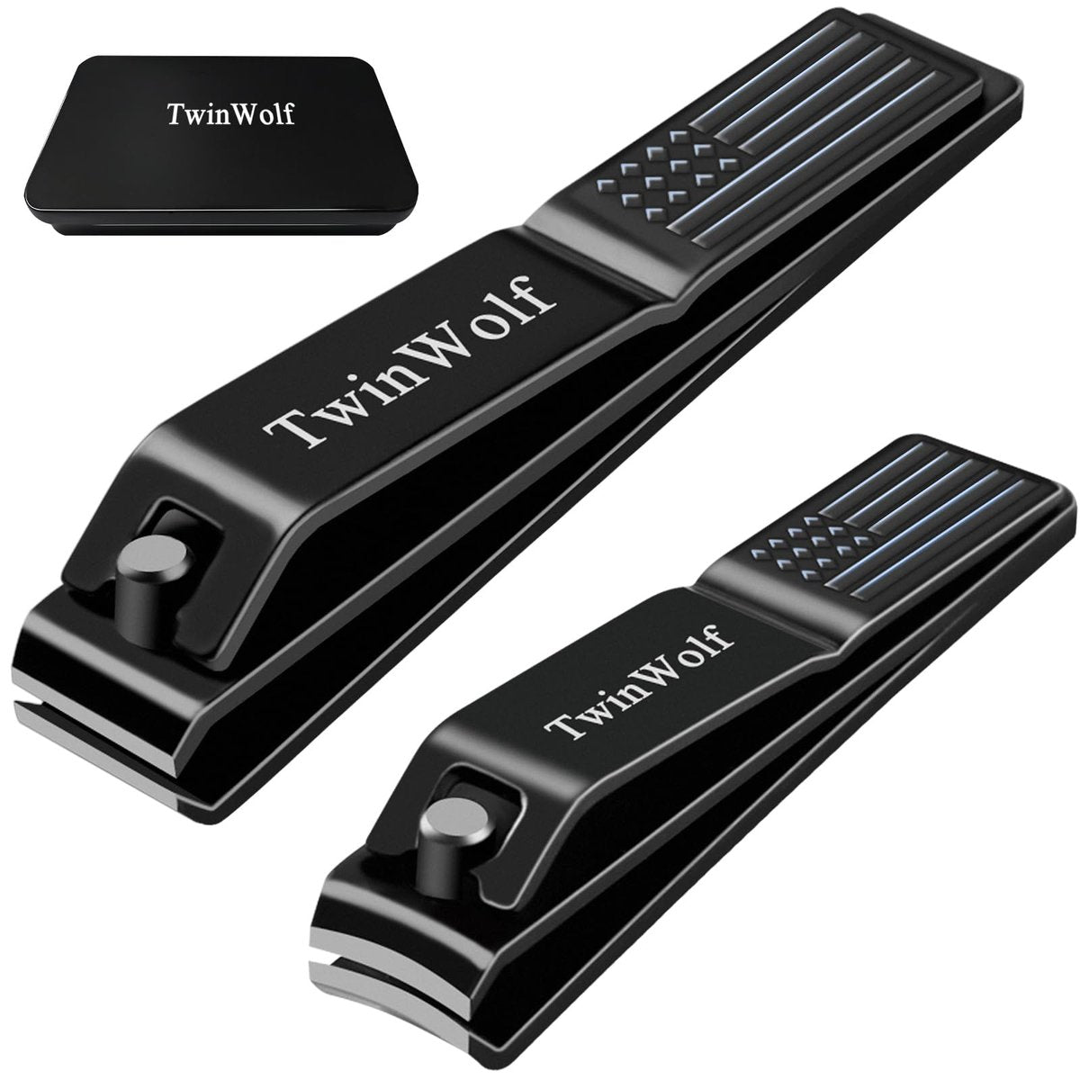 TwinWolf Nail Clippers Set – Ultra Sharp Stainless Steel Fingernail & Toenail Clipper with American Flag Pattern Handle, Built-in File, Black, 2-Pack - görsel 1