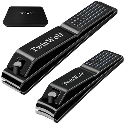 TwinWolf Nail Clippers Set – Ultra Sharp Stainless Steel Fingernail & Toenail Clipper with American Flag Pattern Handle, Built-in File, Black, 2-Pack