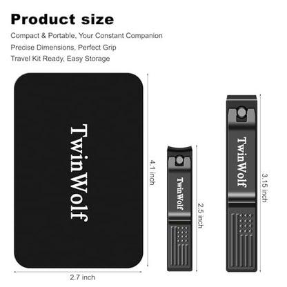 TwinWolf Nail Clippers Set – Ultra Sharp Stainless Steel Fingernail & Toenail Clipper with American Flag Pattern Handle, Built-in File, Black, 2-Pack