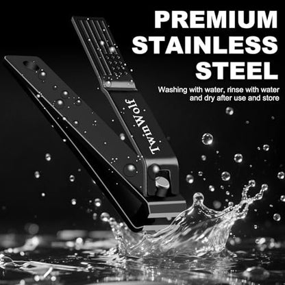 TwinWolf Nail Clippers Set – Ultra Sharp Stainless Steel Fingernail & Toenail Clipper with American Flag Pattern Handle, Built-in File, Black, 2-Pack