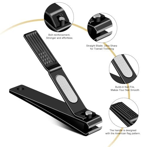 TwinWolf Nail Clippers Set – Ultra Sharp Stainless Steel Fingernail & Toenail Clipper with American Flag Pattern Handle, Built-in File, Black, 2-Pack - görsel 4