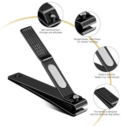 TwinWolf Nail Clippers Set – Ultra Sharp Stainless Steel Fingernail & Toenail Clipper with American Flag Pattern Handle, Built-in File, Black, 2-Pack
