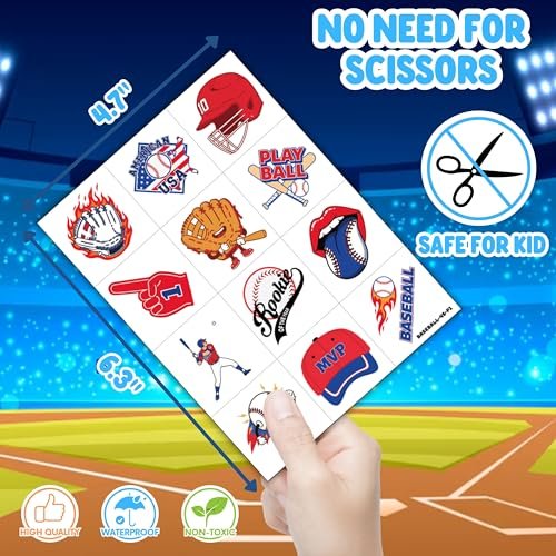 72 PCS Baseball Party Favors – 48 Pre-Cut Temporary Tattoos & 24 Baseball Punch Balloons Themed Birthday Party Decorations Supplies Favors Gifts, Goodie Bag Fillers, Classroom Rewards - görsel 14