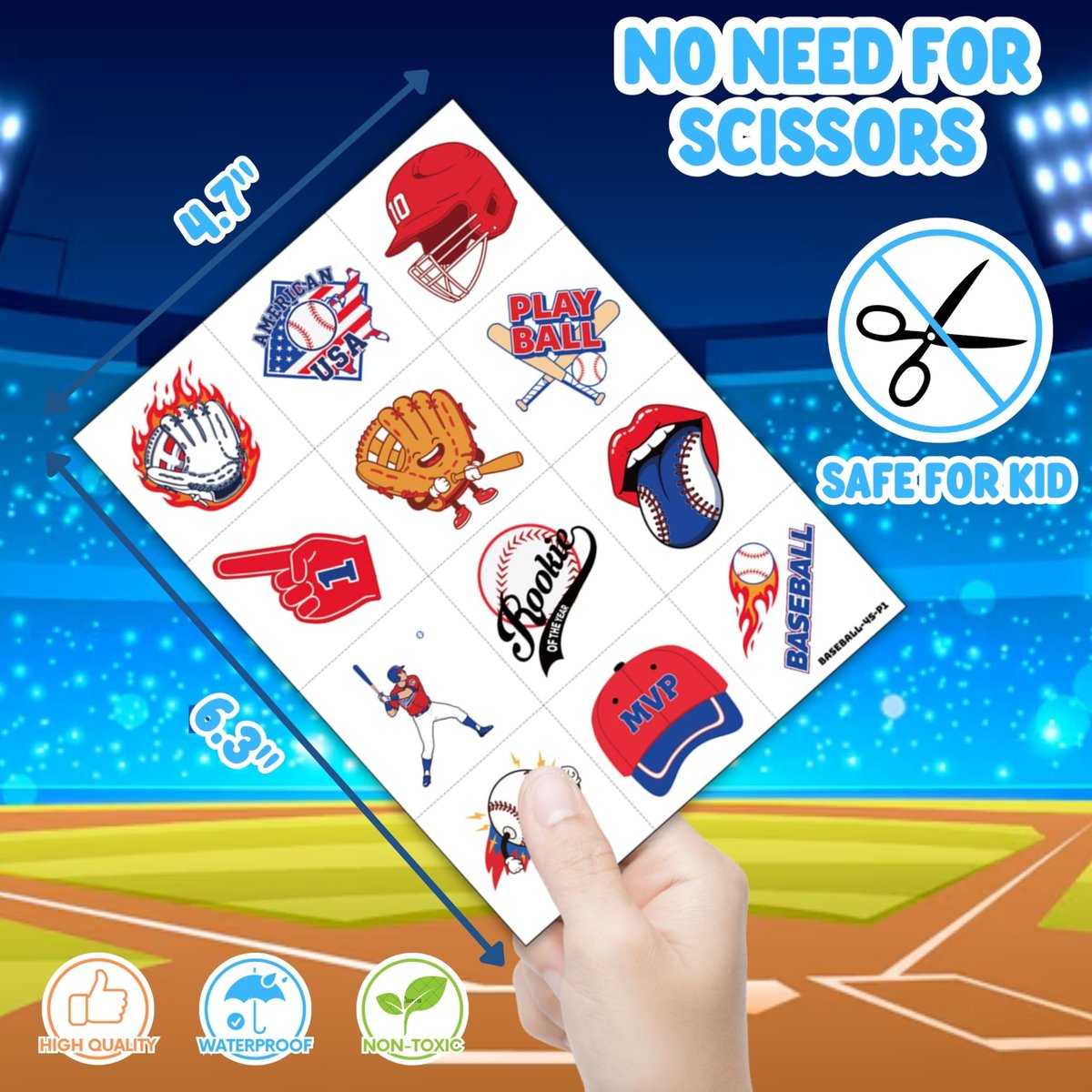 72 PCS Baseball Party Favors – 48 Pre-Cut Temporary Tattoos & 24 Baseball Punch Balloons Themed Birthday Party Decorations Supplies Favors Gifts, Goodie Bag Fillers, Classroom Rewards - görsel 13
