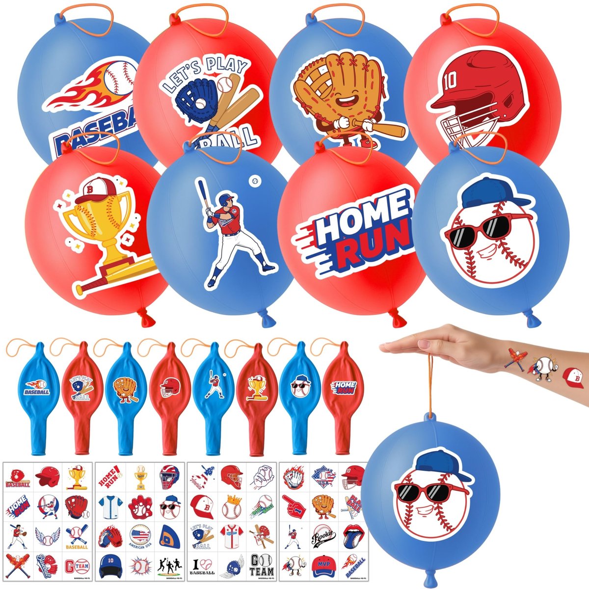72 PCS Baseball Party Favors – 48 Pre-Cut Temporary Tattoos & 24 Baseball Punch Balloons Themed Birthday Party Decorations Supplies Favors Gifts, Goodie Bag Fillers, Classroom Rewards - görsel 1