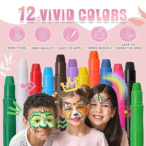 Beesjuy 12 Color Water Based Face Paint Crayons for Kids - Washable Body Paint Makeup Sticks for Halloween, Birthday, Cosplay Avelisse