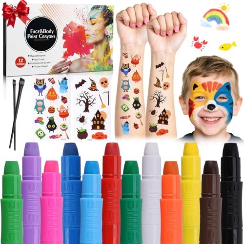Beesjuy 12 Color Water Based Face Paint Crayons for Kids - Washable Body Paint Makeup Sticks for Halloween, Birthday, Cosplay Avelisse