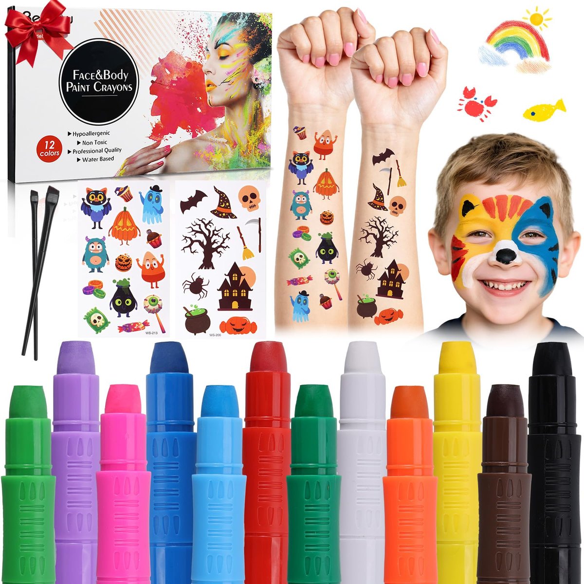Beesjuy 12 Color Water Based Face Paint Crayons for Kids - Washable Body Paint Makeup Sticks for Halloween, Birthday, Cosplay Avelisse