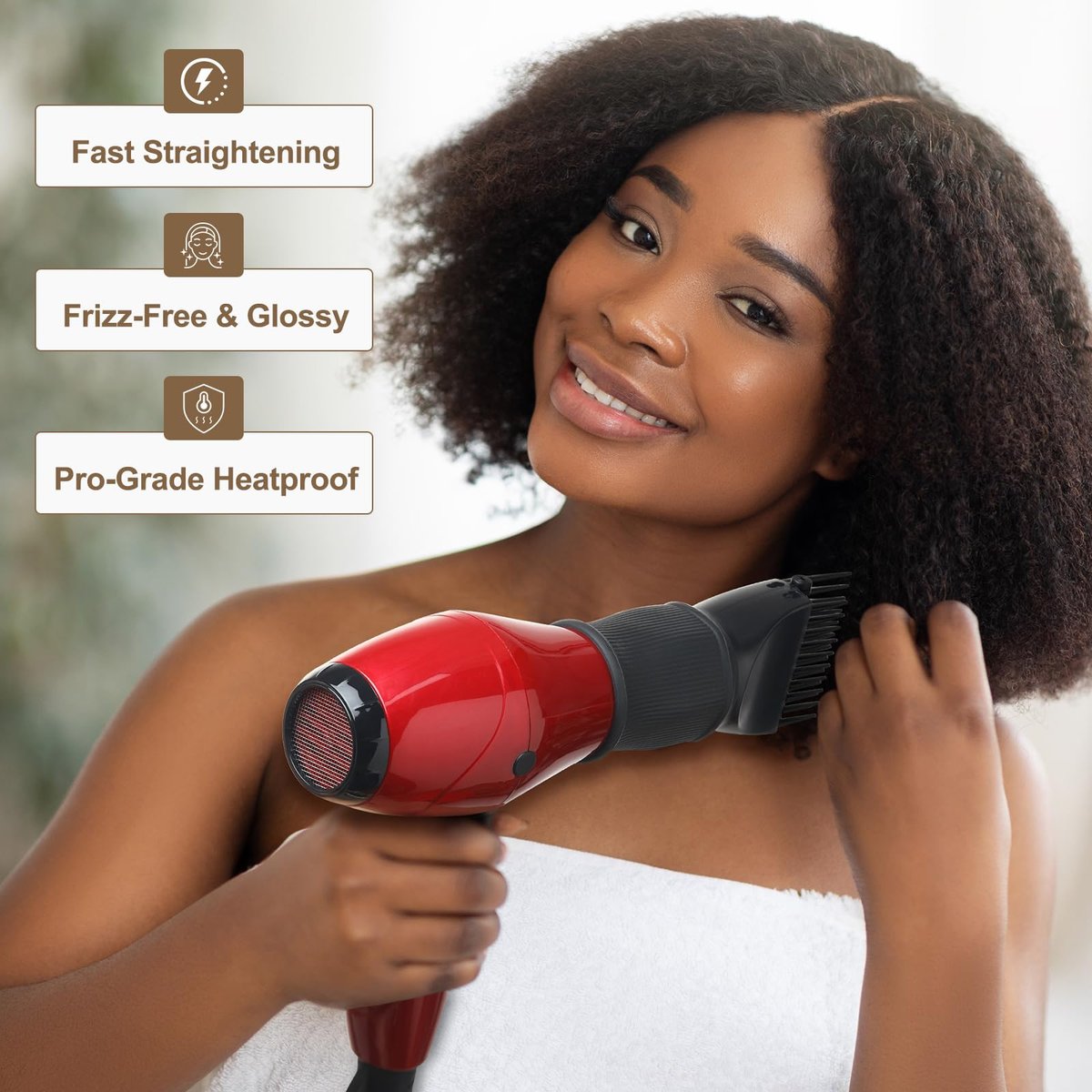 PERFEHAIR Universal Blow Dryer Comb Attachment - Unbreakable Teeth, Hot Resistant Grip, Fits 1.5"-2" Nozzles, Salon Fast Blowout & Straightening Tool for Coarse, Curly Hair, Black - görsel 3