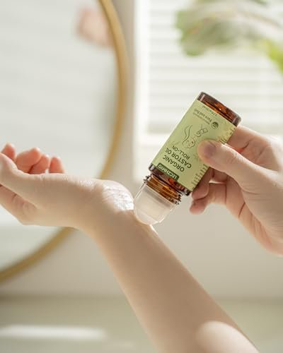 Certified Organic Castor Oil Roll On for Belly, Face, Body & Under Eyes – Cold Pressed, Hexane Free, Unrefined – Pure Glass Bottle Roller Ball Moisturizer, 1.7 fl oz Avelisse