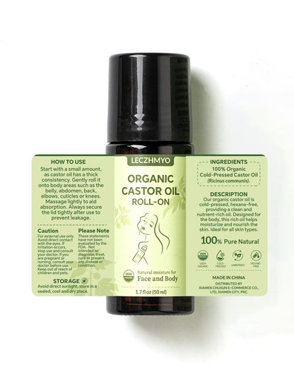 Certified Organic Castor Oil Roll On for Belly, Face, Body & Under Eyes – Cold Pressed, Hexane Free, Unrefined – Pure Glass Bottle Roller Ball Moisturizer, 1.7 fl oz Avelisse
