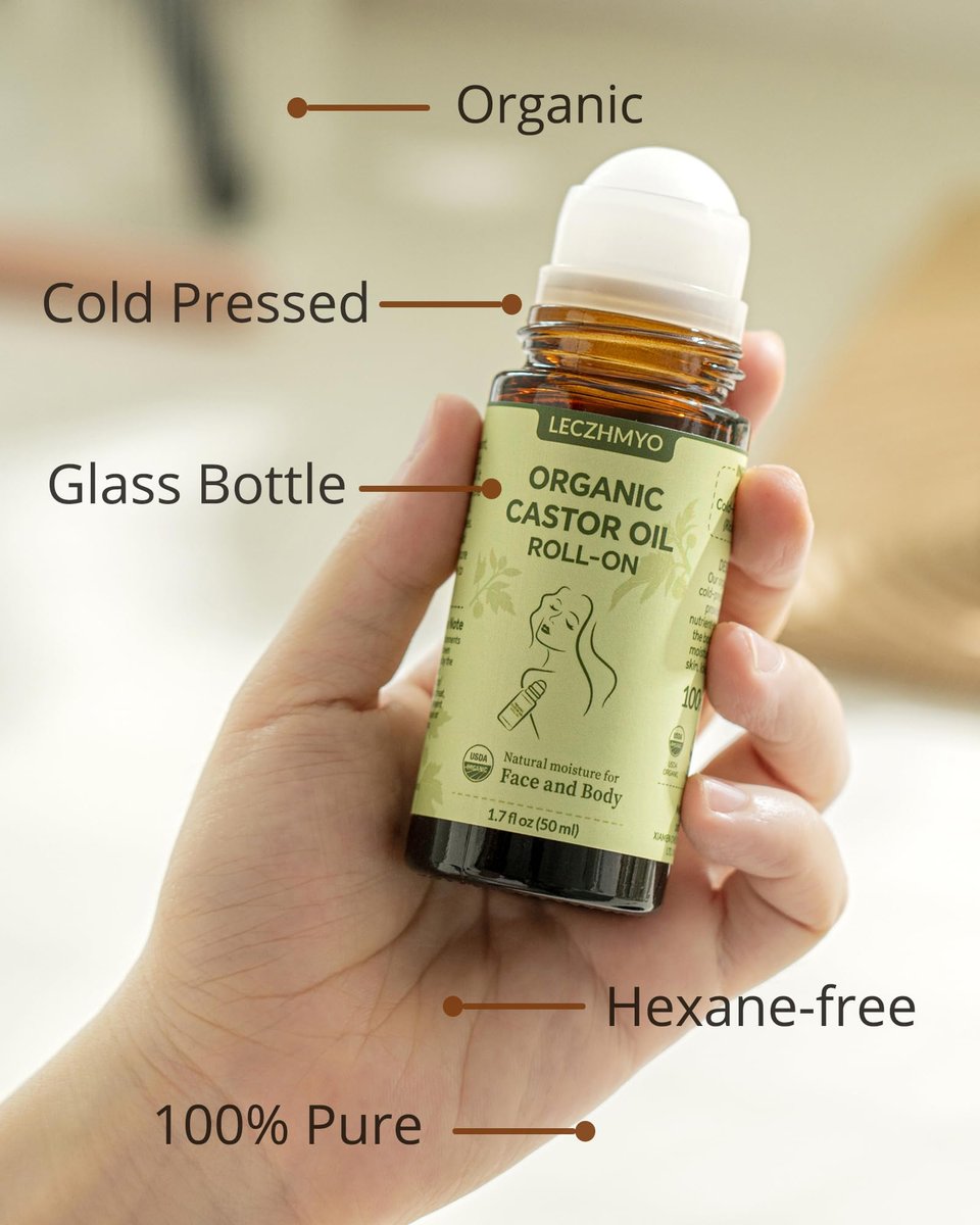 Certified Organic Castor Oil Roll On for Belly, Face, Body & Under Eyes – Cold Pressed, Hexane Free, Unrefined – Pure Glass Bottle Roller Ball Moisturizer, 1.7 fl oz Avelisse