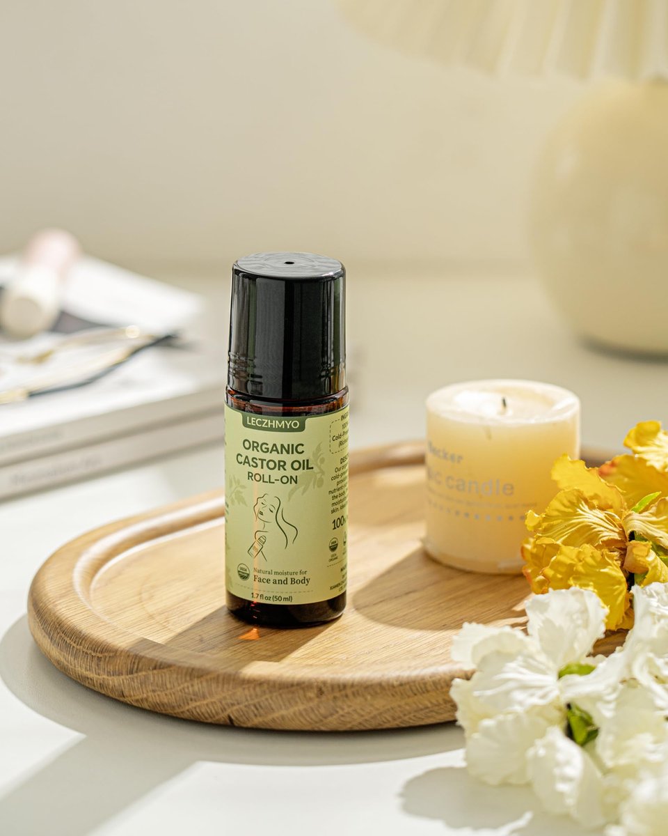 Certified Organic Castor Oil Roll On for Belly, Face, Body & Under Eyes – Cold Pressed, Hexane Free, Unrefined – Pure Glass Bottle Roller Ball Moisturizer, 1.7 fl oz Avelisse