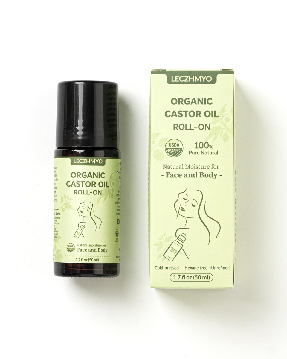 Certified Organic Castor Oil Roll On for Belly, Face, Body & Under Eyes – Cold Pressed, Hexane Free, Unrefined – Pure Glass Bottle Roller Ball Moisturizer, 1.7 fl oz Avelisse