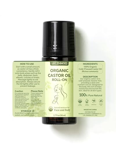Certified Organic Castor Oil Roll On for Belly, Face, Body & Under Eyes – Cold Pressed, Hexane Free, Unrefined – Pure Glass Bottle Roller Ball Moisturizer, 1.7 fl oz Avelisse