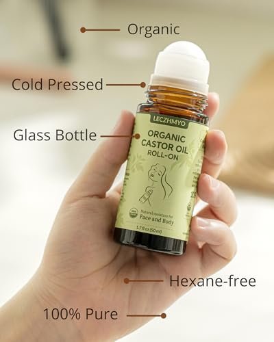 Certified Organic Castor Oil Roll On for Belly, Face, Body & Under Eyes – Cold Pressed, Hexane Free, Unrefined – Pure Glass Bottle Roller Ball Moisturizer, 1.7 fl oz Avelisse