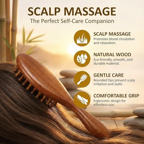 Nuaiute Sandalwood Loc Brush for Dreads - Wooden Round Dreadlock Scalp Comb, Dread Massager & Dandruff Scrubber for Curly Hair, Long Teeth No Static, Brown - görsel 6