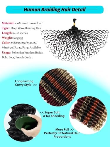 VDZ 12A P4/30 Dark and Light Brown Human Braiding Hair for Boho Braids - 3 Bundles 18 Inch 100g Deep Wave Braiding Hair for Bohemian Knotless Braids 100% Unprocessed Virgin Bulk Hair Extensions No Weft - görsel 5