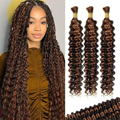 VDZ 12A P4/30 Dark and Light Brown Human Braiding Hair for Boho Braids - 3 Bundles 18 Inch 100g Deep Wave Braiding Hair for Bohemian Knotless Braids 100% Unprocessed Virgin Bulk Hair Extensions No Weft