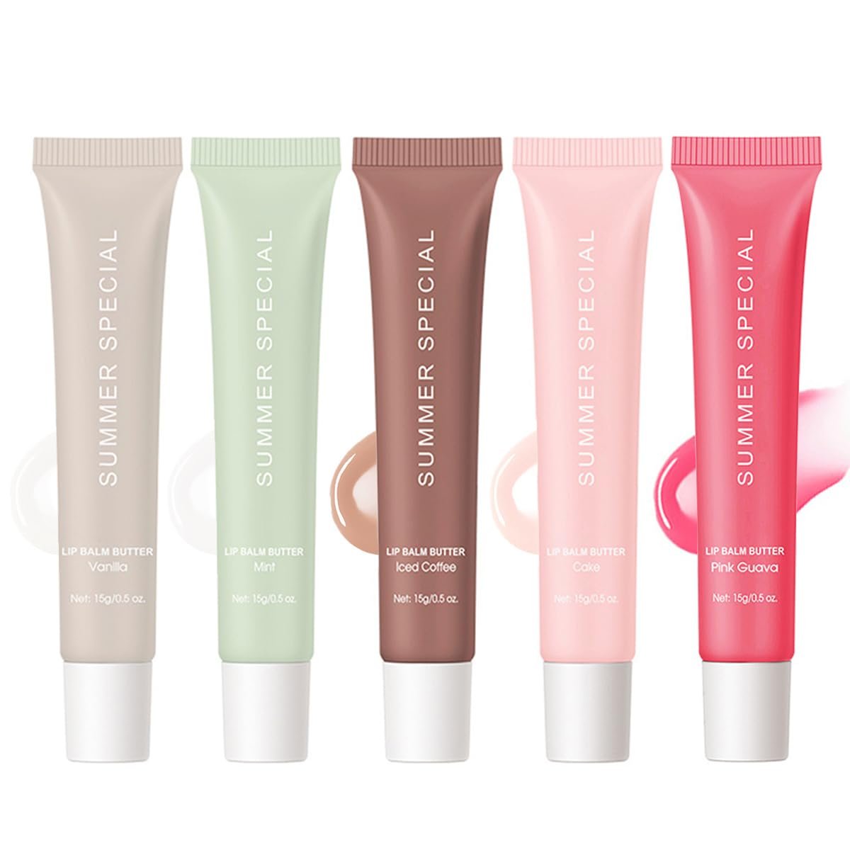 5-Color Summer Special Lip Balm Butter - Shea Butter & Avocado Oil, Lightweight & Non-Sticky, 5 Trending Shades (Vanilla Nude, Mint Clear, Iced Coffee, Cake Glittery Pink, Guava), Soften Dry Lips Care Gift Box for Teens Avelisse